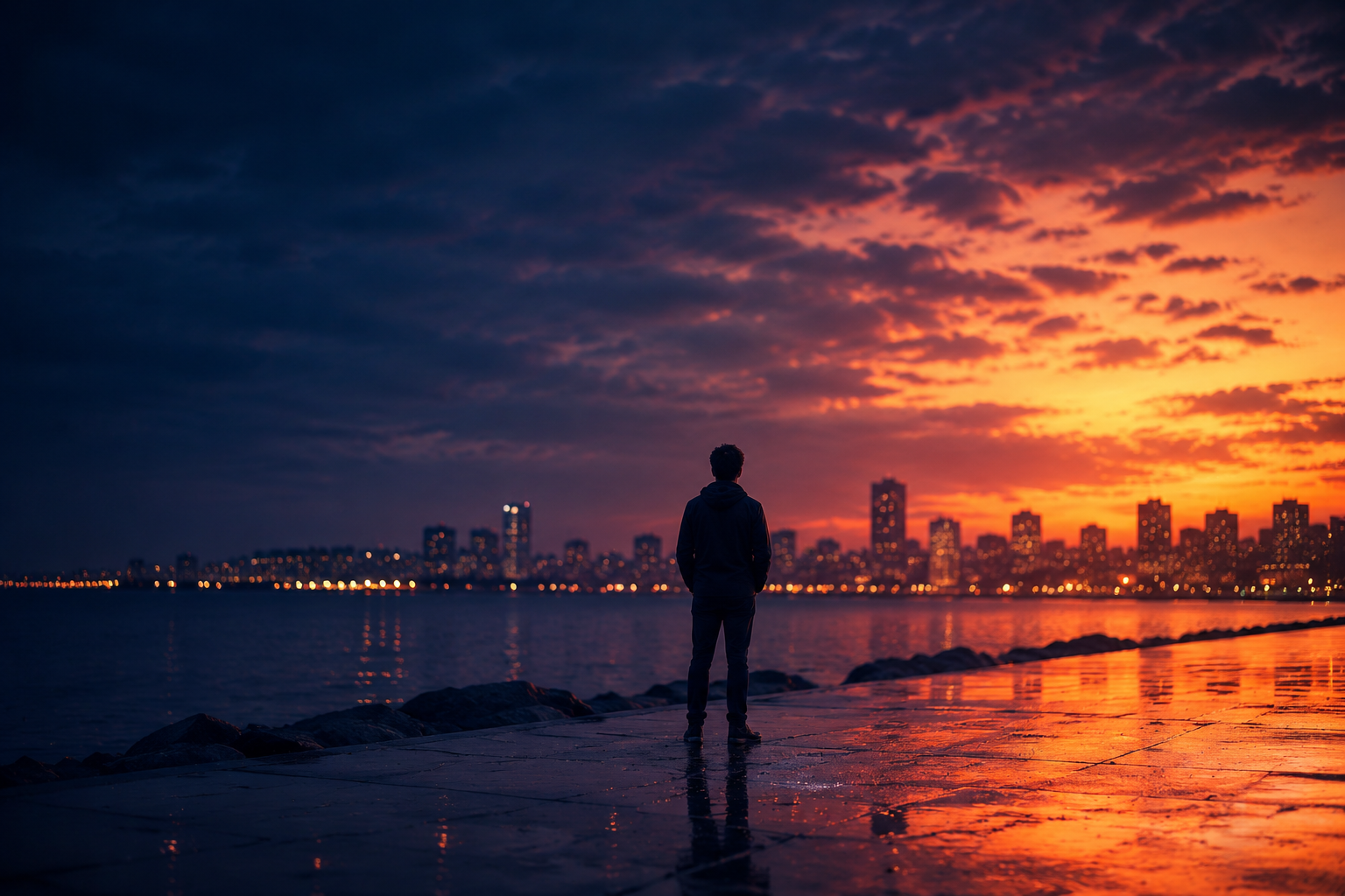 A reflective waterfront at dusk